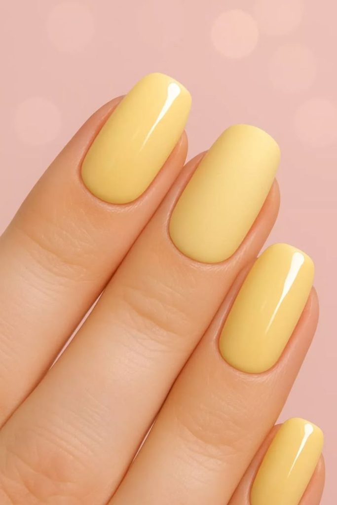 Pastel lemon nails with dreamy soft airy light yellow aesthetic manicure style.