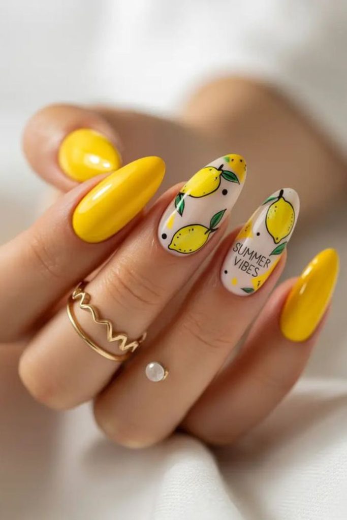 Bright lemon candy nails with playful pop sweet sugary summer vibe design.