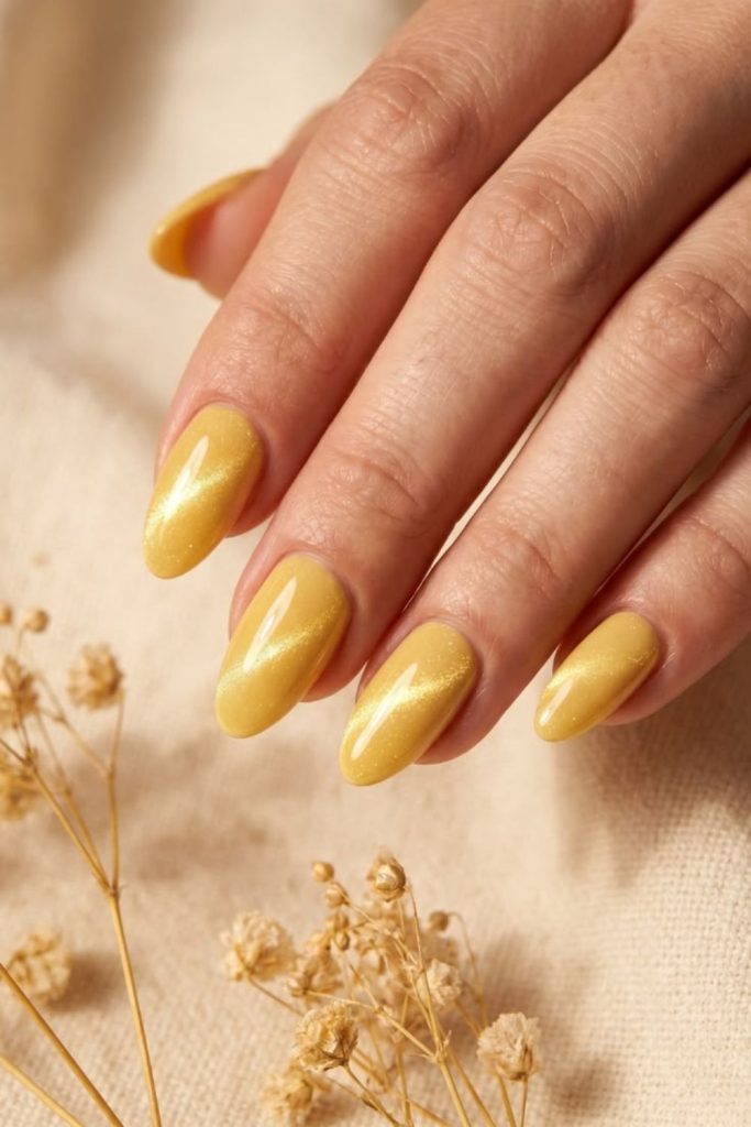 Stardust lemon nails with cosmic sparkle dreamy celestial citrus inspired manicure look.