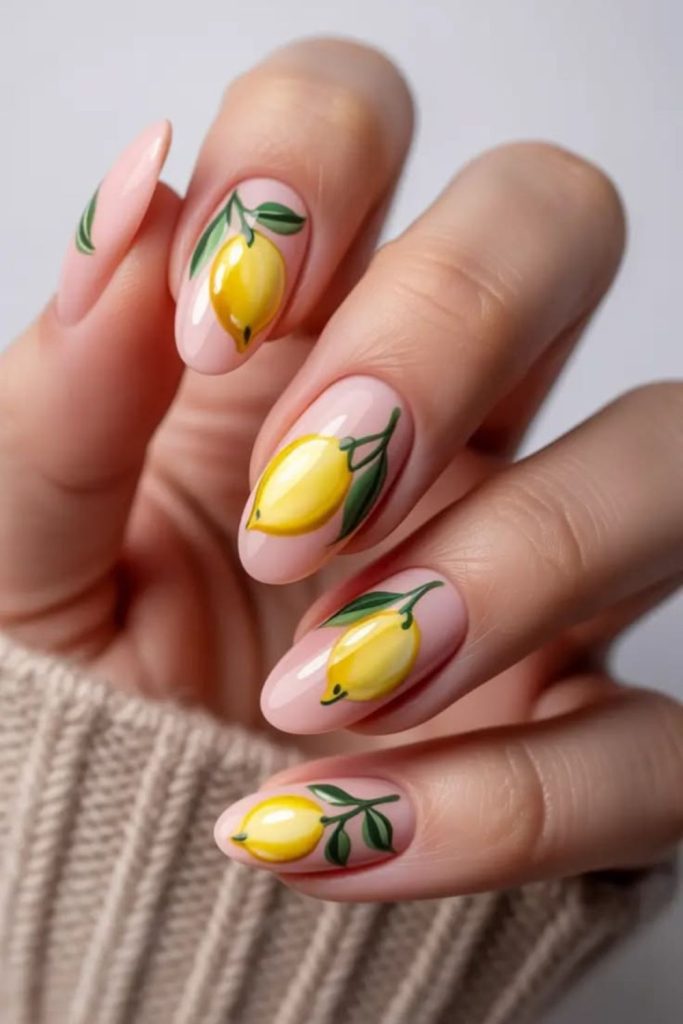 Tropical lemon nails with green leaf accents fresh jungle inspired summer style.