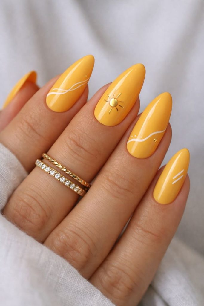 Flowing lemon wave nails with soft aura motion ocean inspired glossy style.