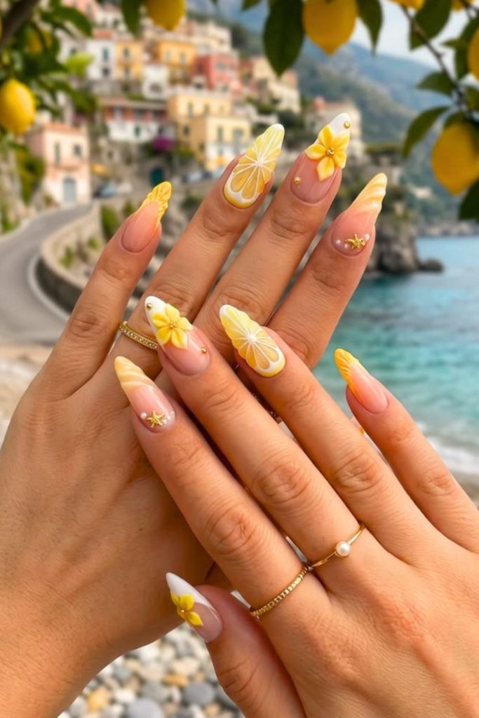 Soft lemon gradient drip nails with dreamy glossy lemonade inspired aesthetic flow.