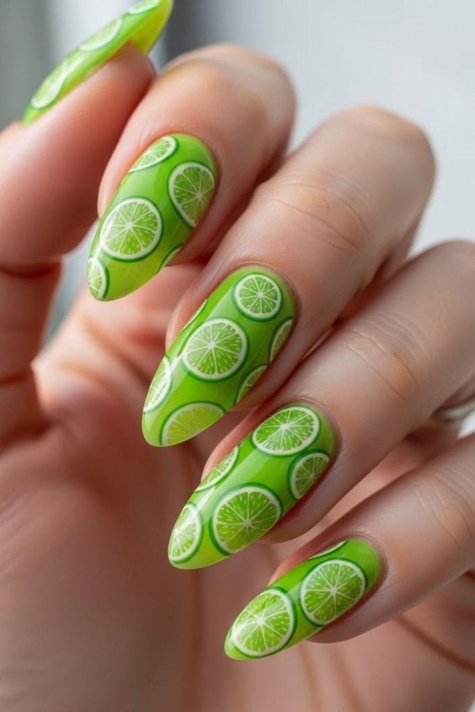Bright lime themed neon nails.