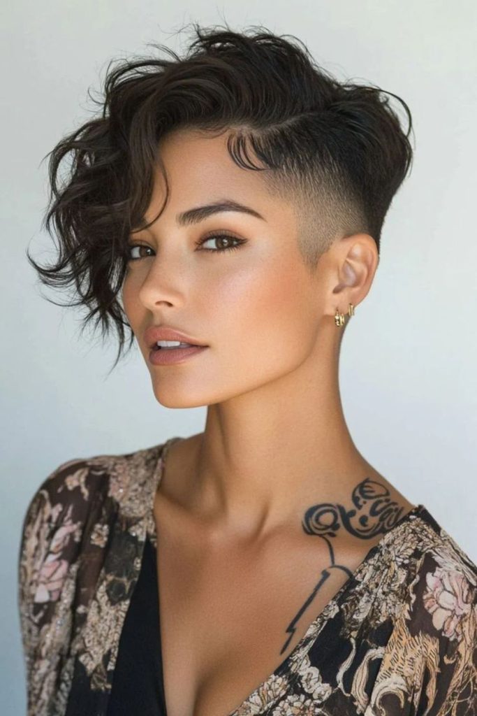 Dark toned pixie haircut with smooth fade and soft lunar glow.