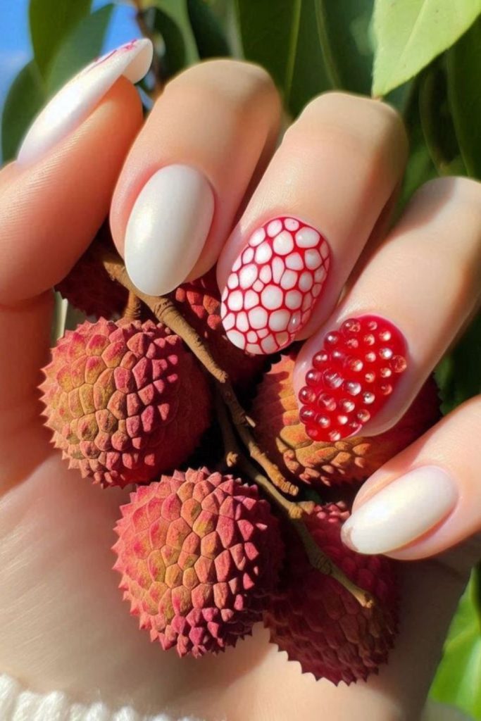 Lychee themed blush glossy nails.
