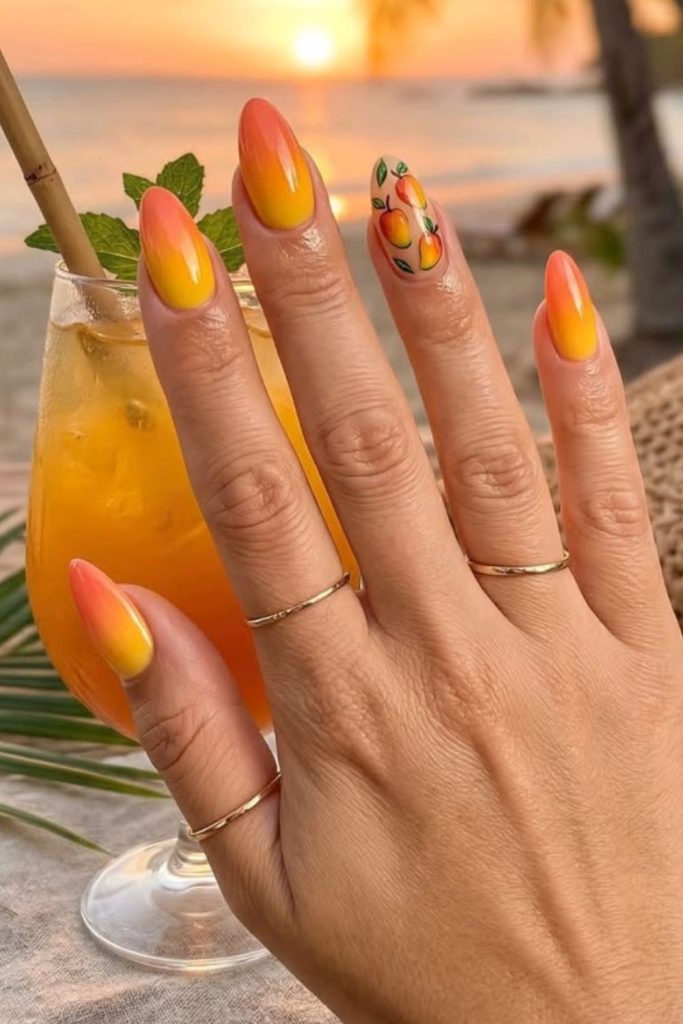 Mango themed tropical summer nails.