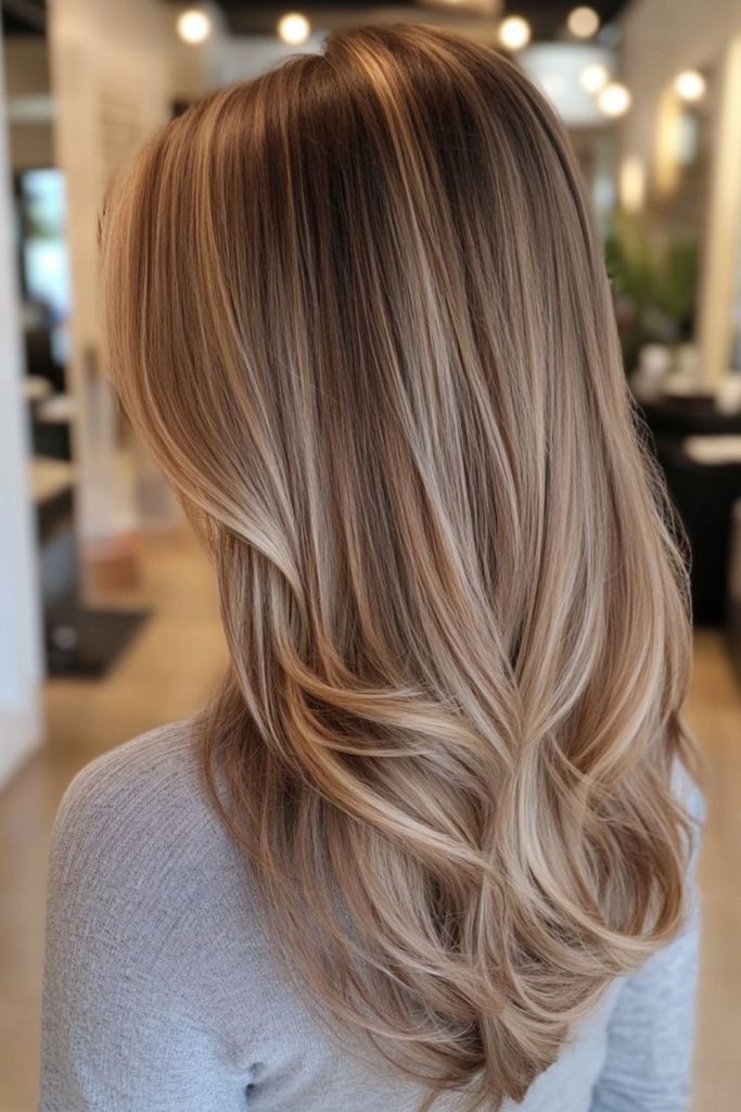 Frosted blonde blended with maple brown.
