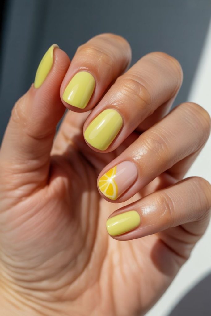 Matte lemon nails with muted soft finish calm minimal summer aesthetic vibe.