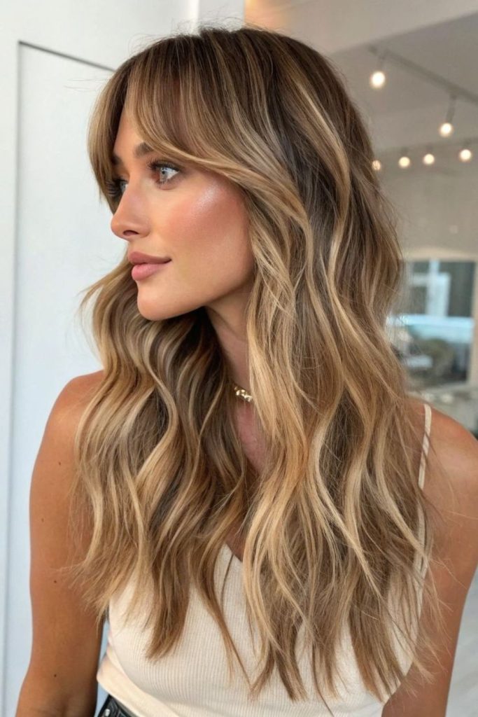 Golden blonde fringe on brunette style.