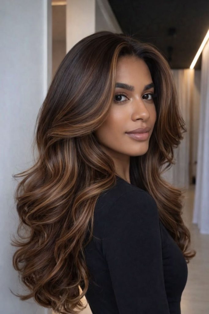 Walnut brunette glossy highlighted waves.