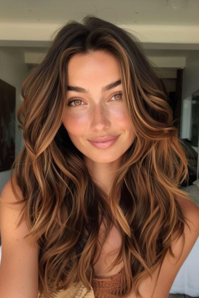 Midnight brunette caramel highlighted hair.