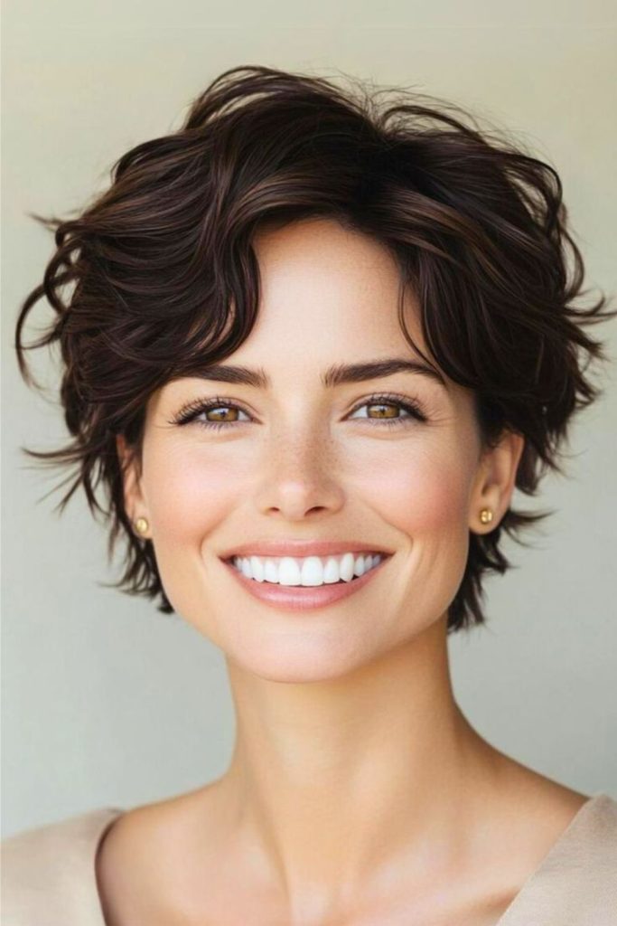 Dark sleek pixie haircut style.
