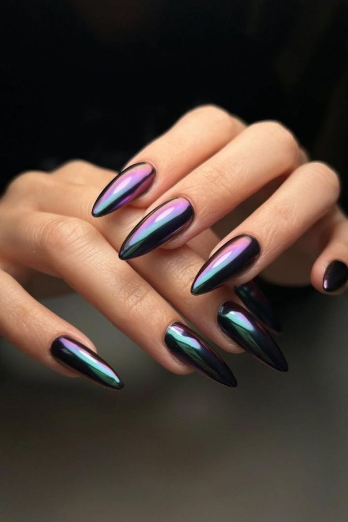 Dark orchid chrome goth almond nails