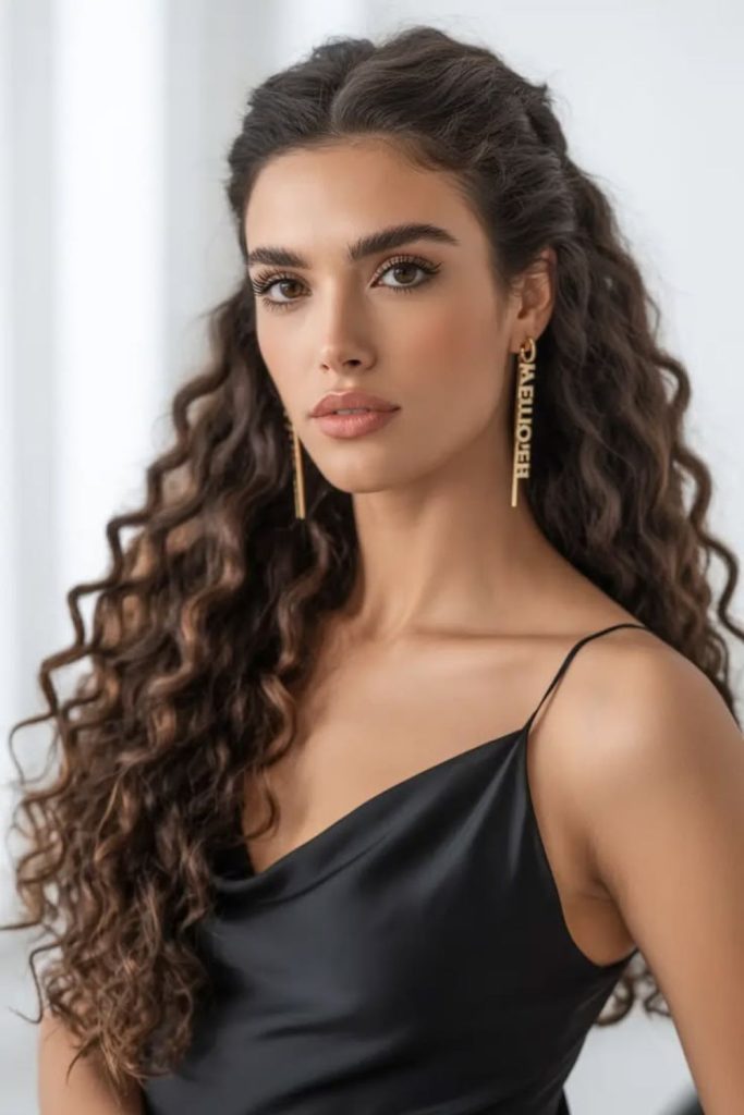 Midnight dark silky curls flowing smoothly downward