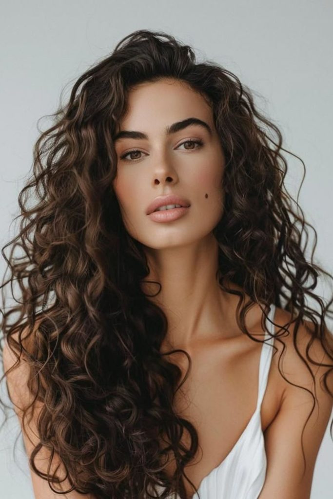 Dark flowing curls with elegance.