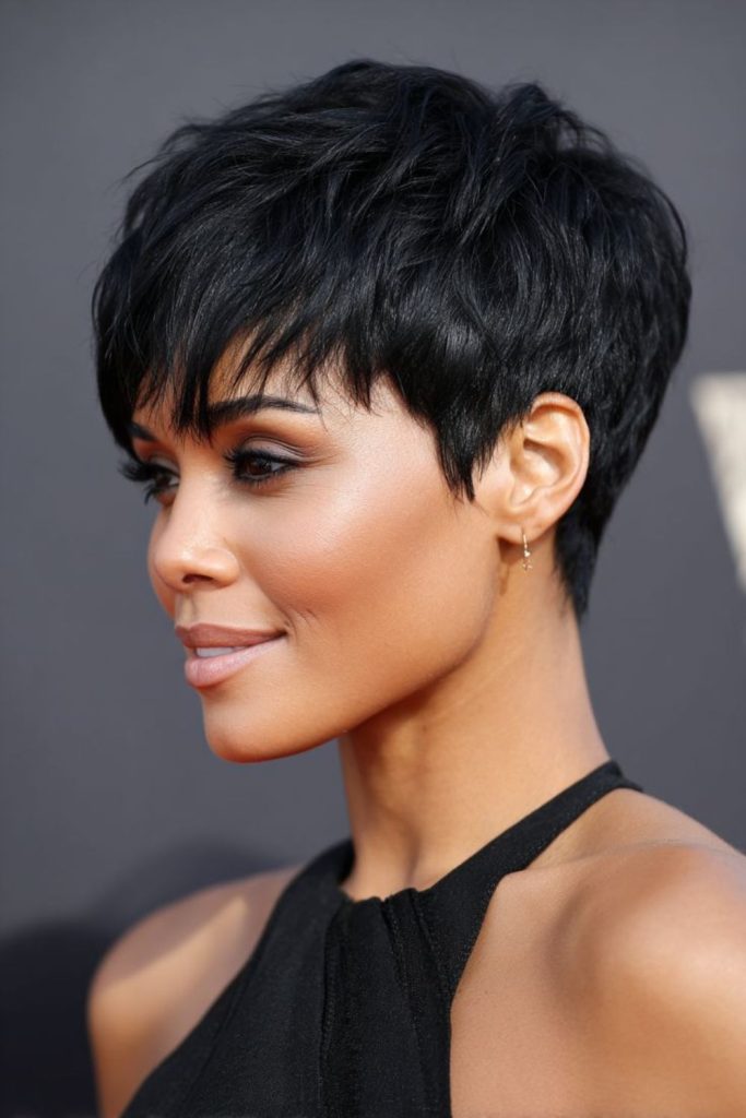 Dark velvet pixie hairstyle with side swept strands and mysterious soft layered texture.