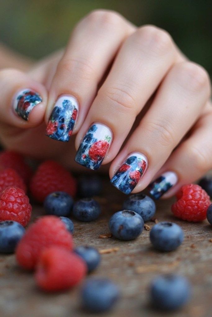 Mixed berry colorful nail art.