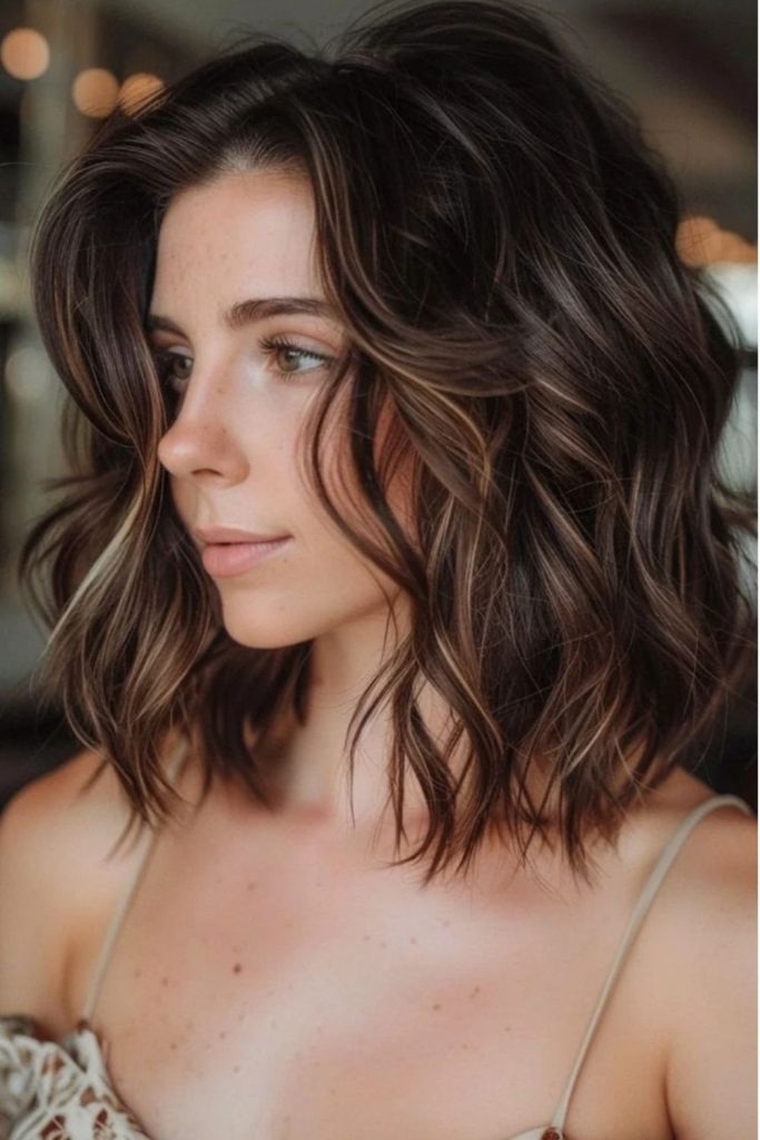 Mocha layered lob airy brunette style