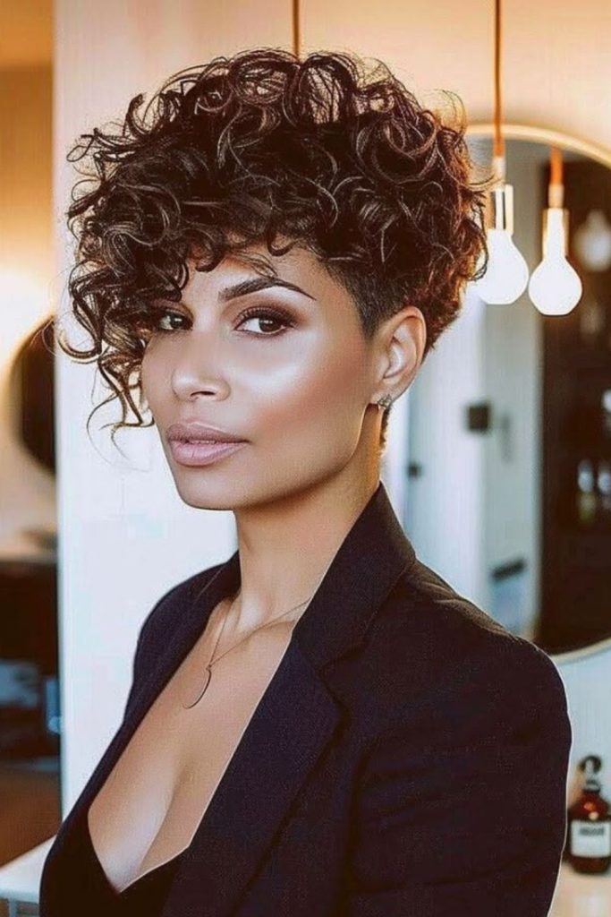 Soft mocha pixie haircut with side swept fringe and relaxed layered flow.