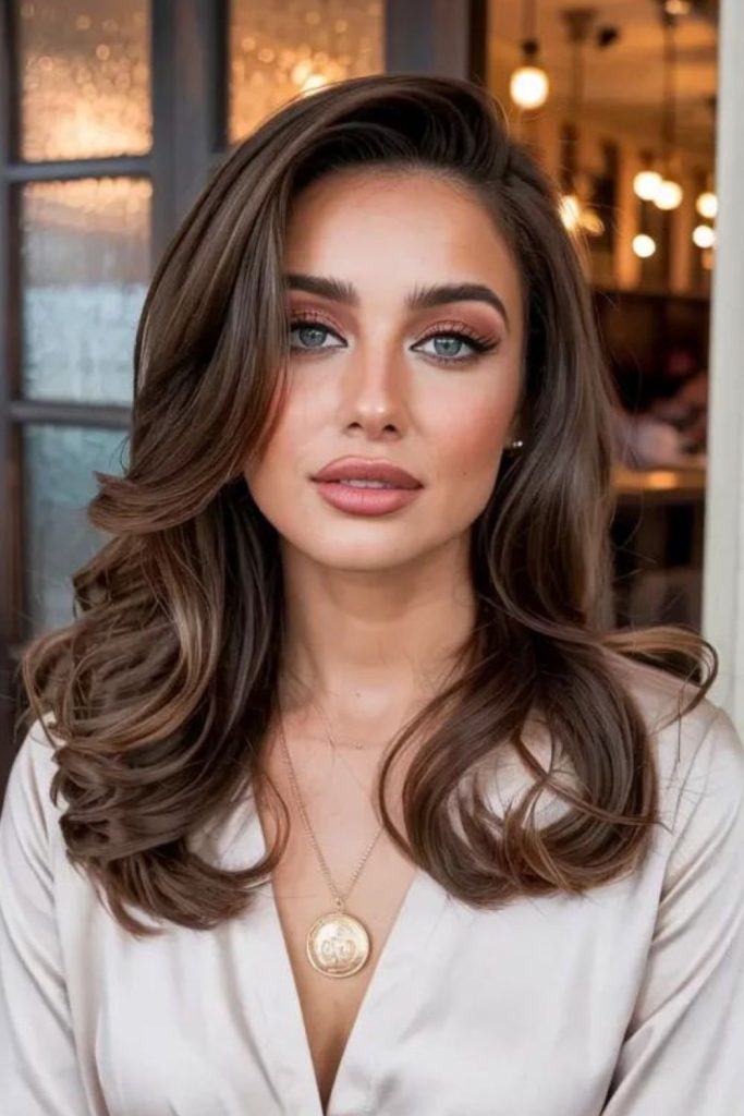 Mocha swoop hairstyle with soft blended creamy flowing texture