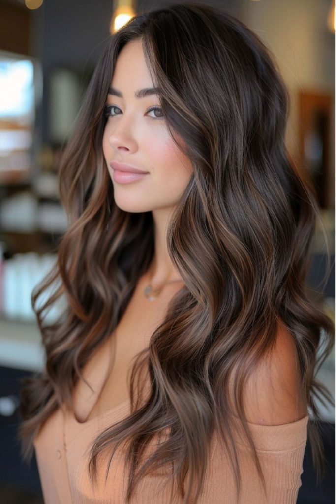 Mocha brunette waves with highlights.