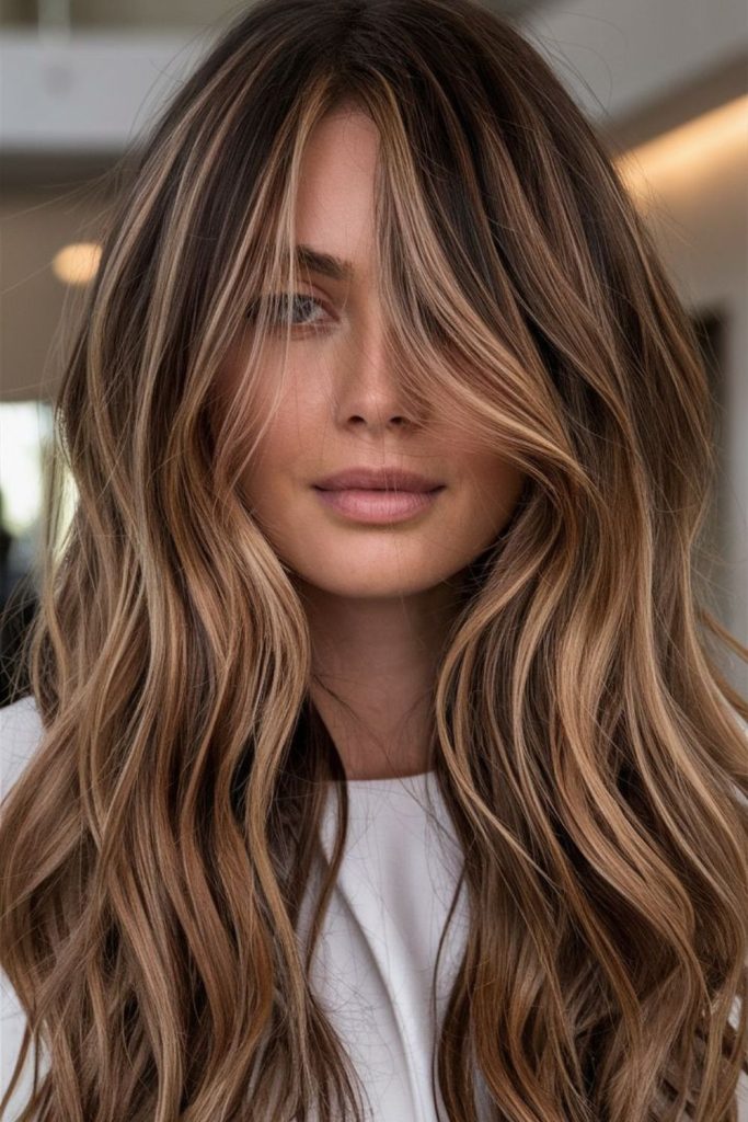 Mocha brown blonde wavy hair.