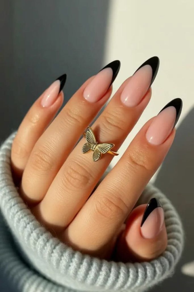Black French tips nude base nails