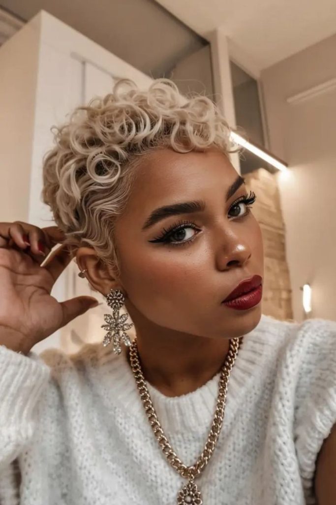 Silver pixie cut with halo effect and soft dreamy texture.