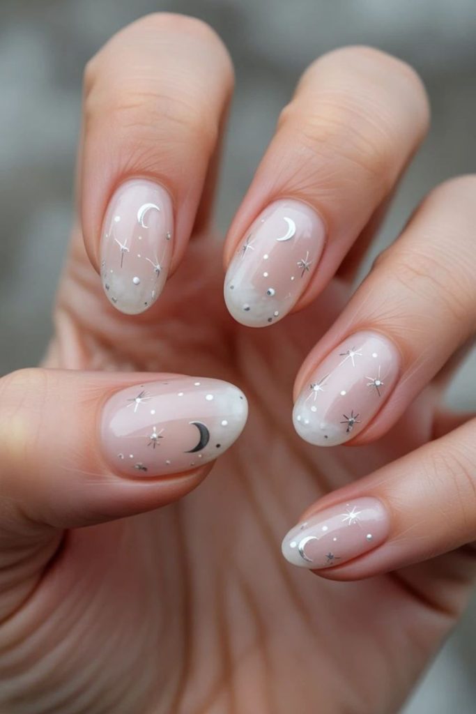 Silvery nude nails with pearl accents.