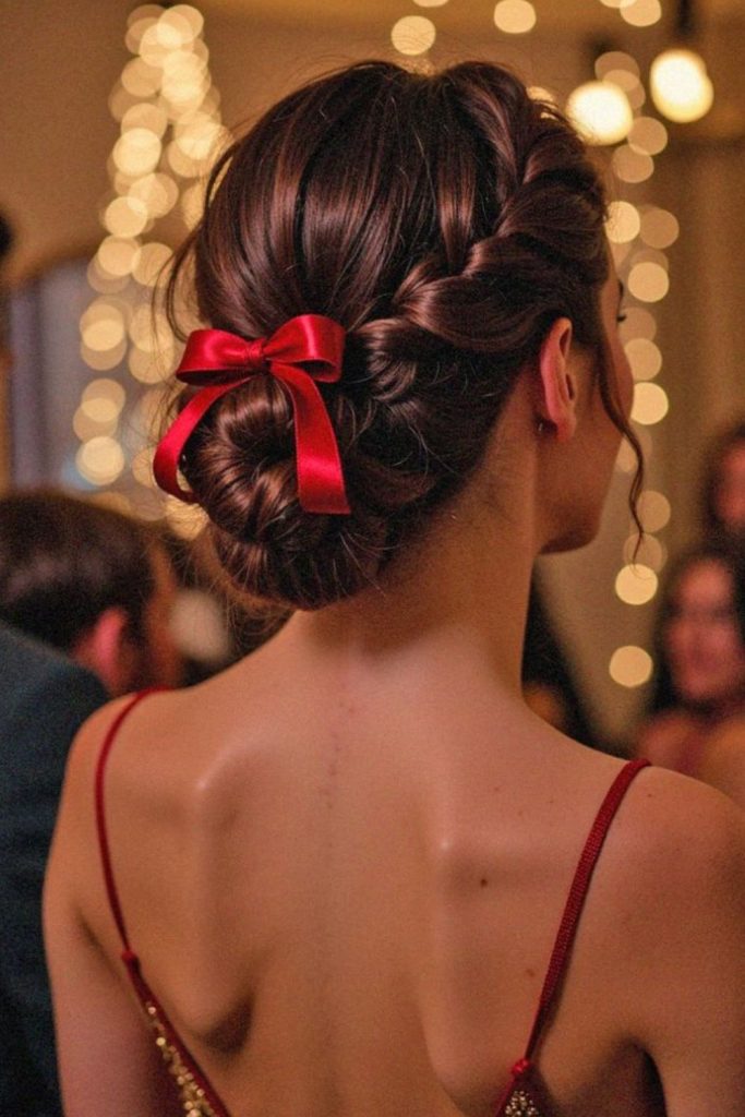 Ribbon styled formal curly updo.