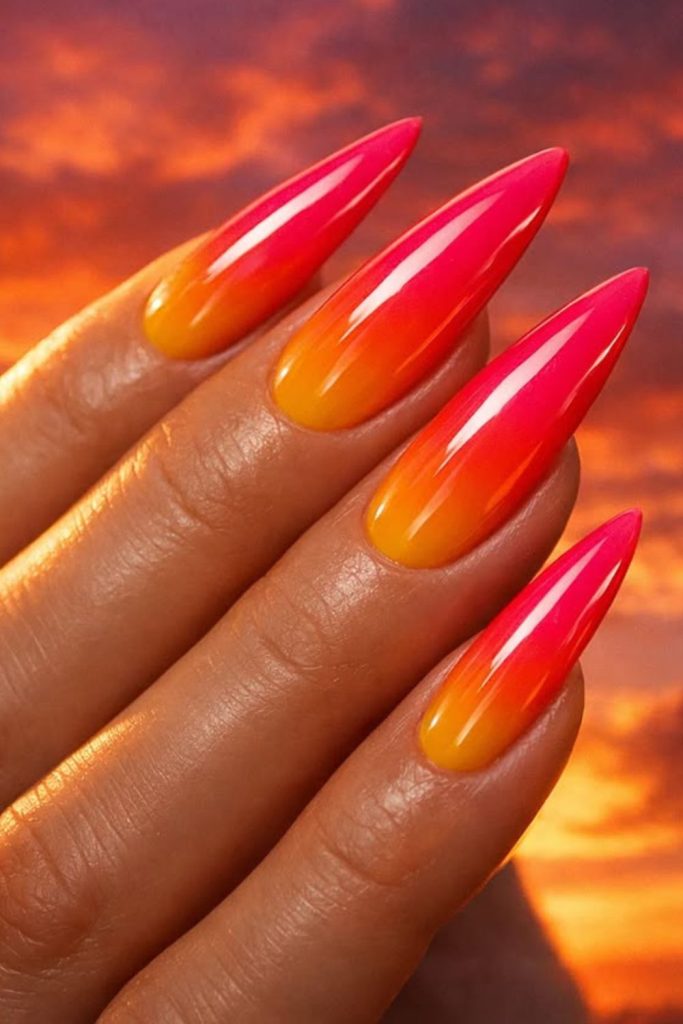 Neon coral bold glossy statement nails
