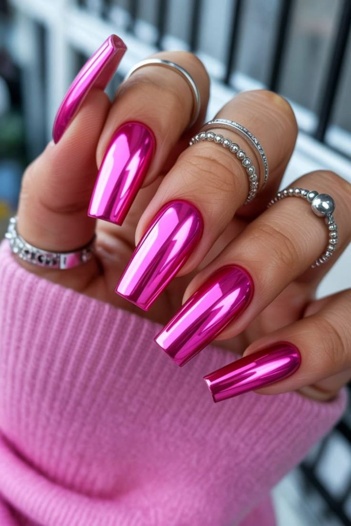 Neon bright coffin statement nails.