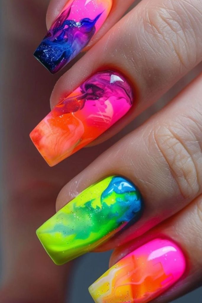 Neon pulse bright glowing square nails