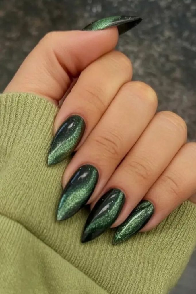 Venom green black glossy nails design