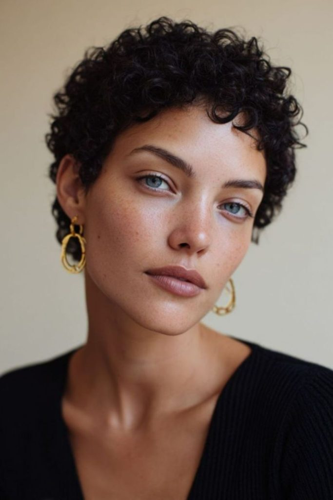 Dark noir deep curly pixie cut
