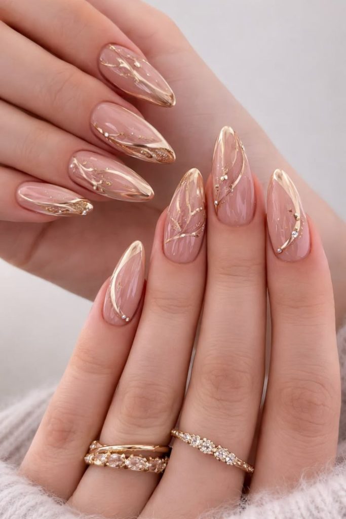 Glossy nude classy coffin nails.