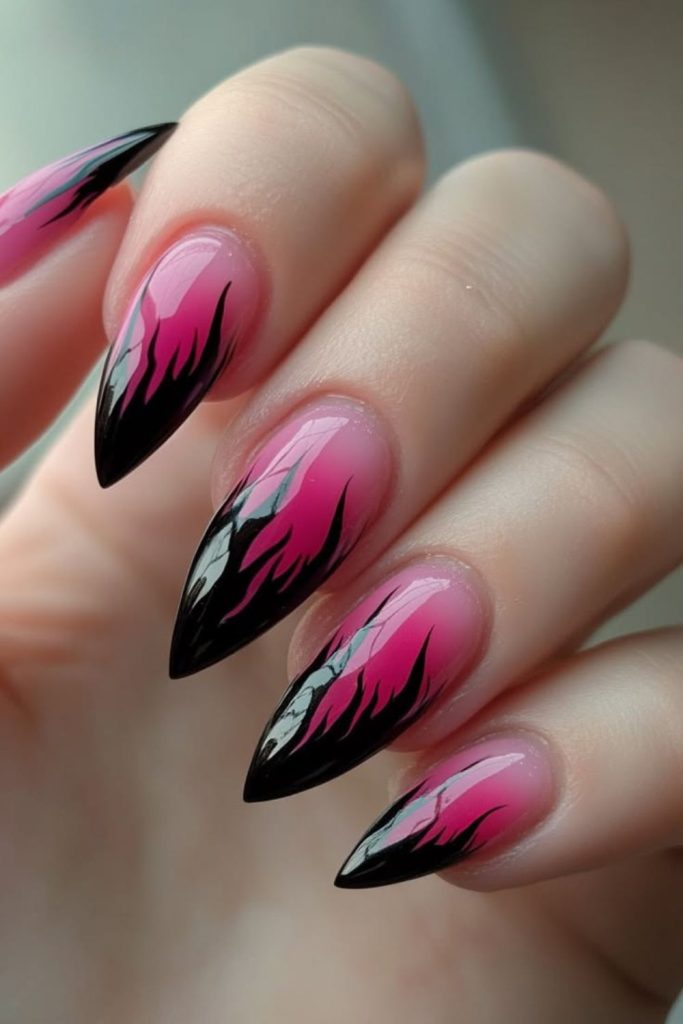 Black orange or pink flame gradient nails design