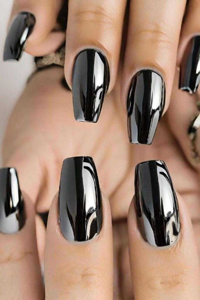 Mirror black glossy coffin nails design