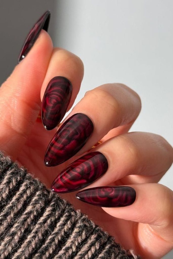 Obsidian rose flame floral dark nails