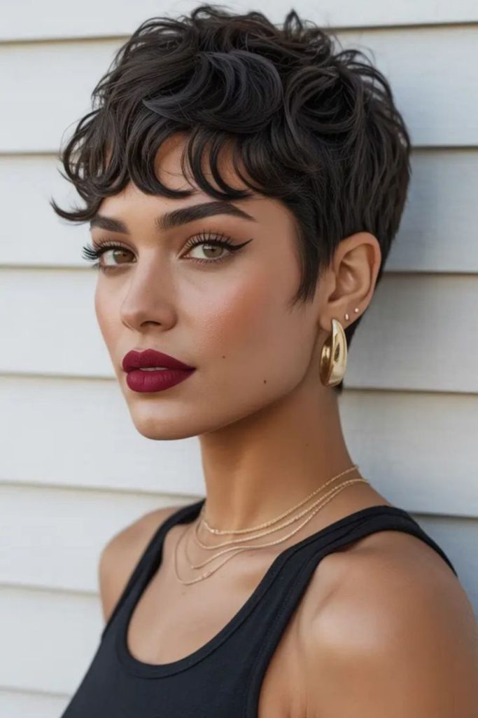 Black pixie haircut with wave like texture and glossy sculpted finish.