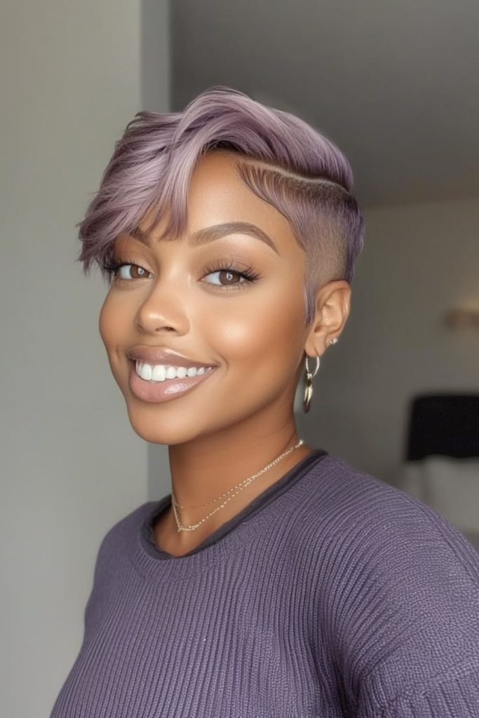 Purple orchid pixie hairstyle with soft glow and delicate layered texture.