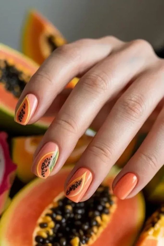 Papaya orange tropical fruit nail style