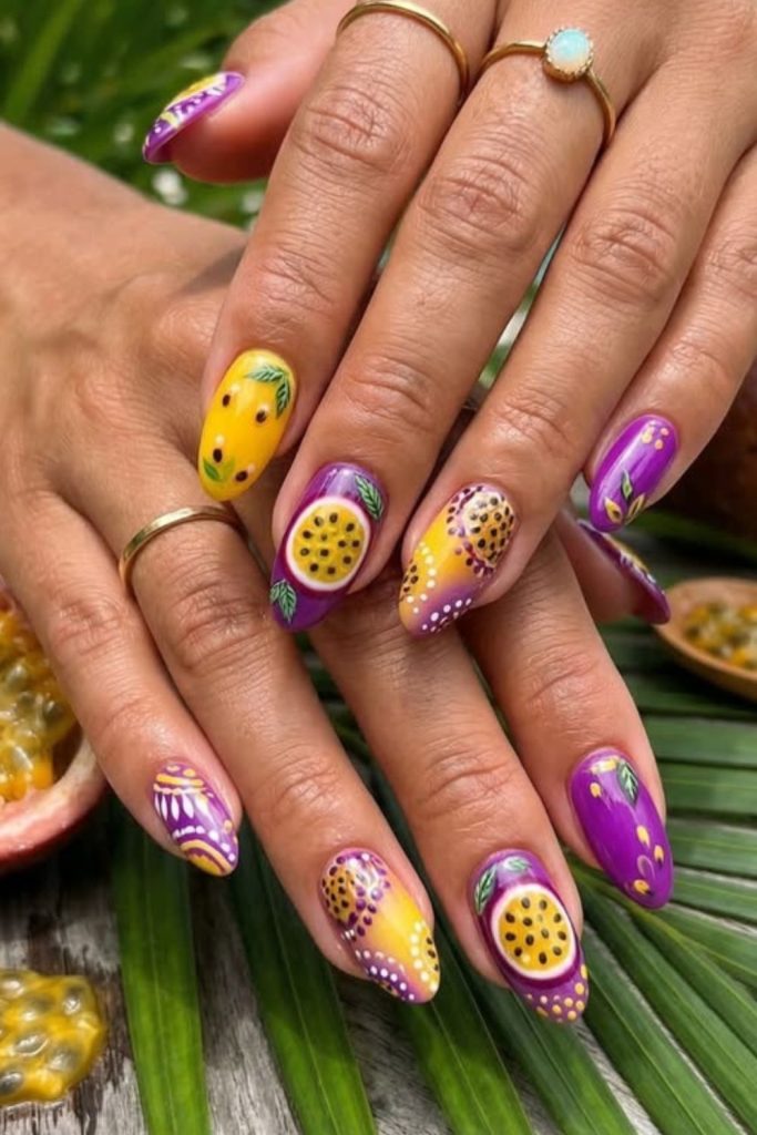 Passion fruit colorful tropical nails.