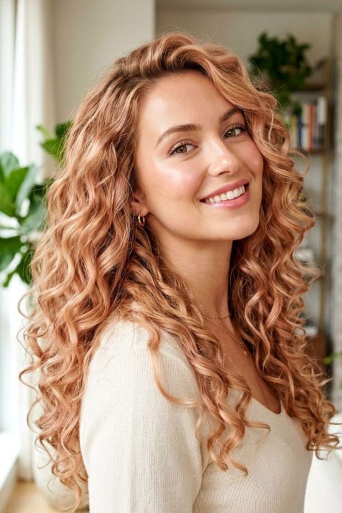 Soft pastel curly hairstyle with gentle romantic tone.
