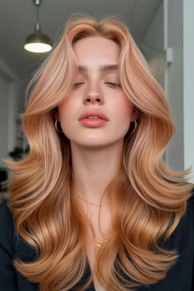 Peach toned swoop hairstyle with soft pastel romantic flowing strands