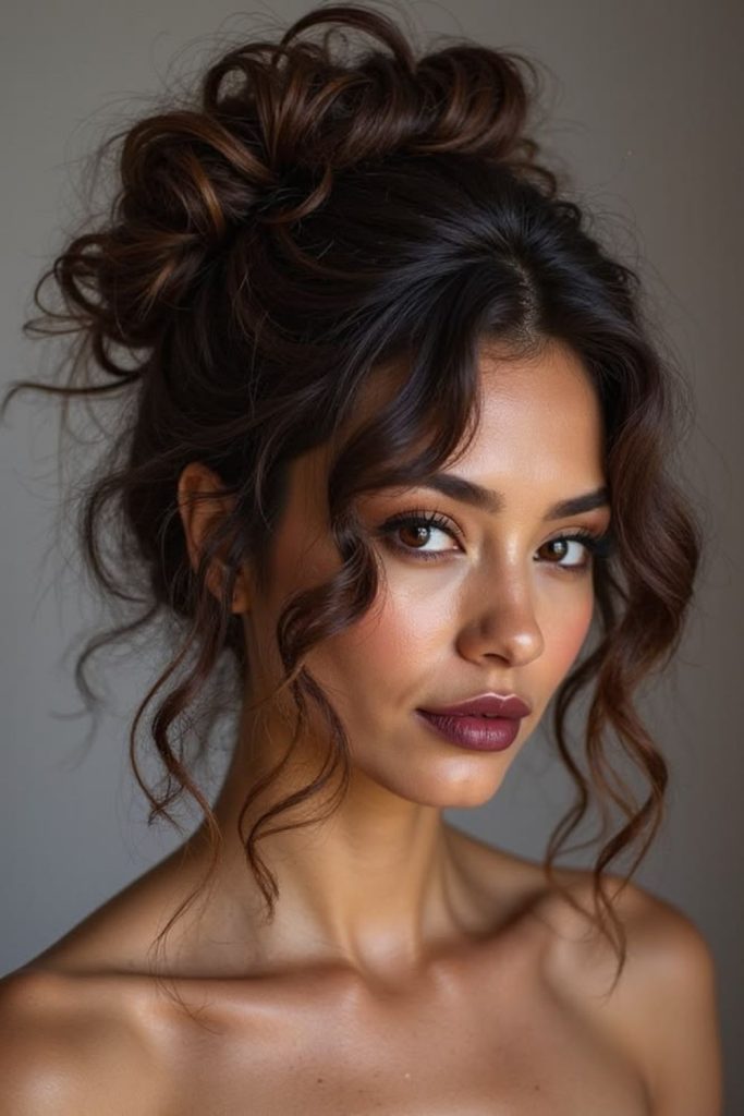 Pearl tucked elegant curly hairstyle.