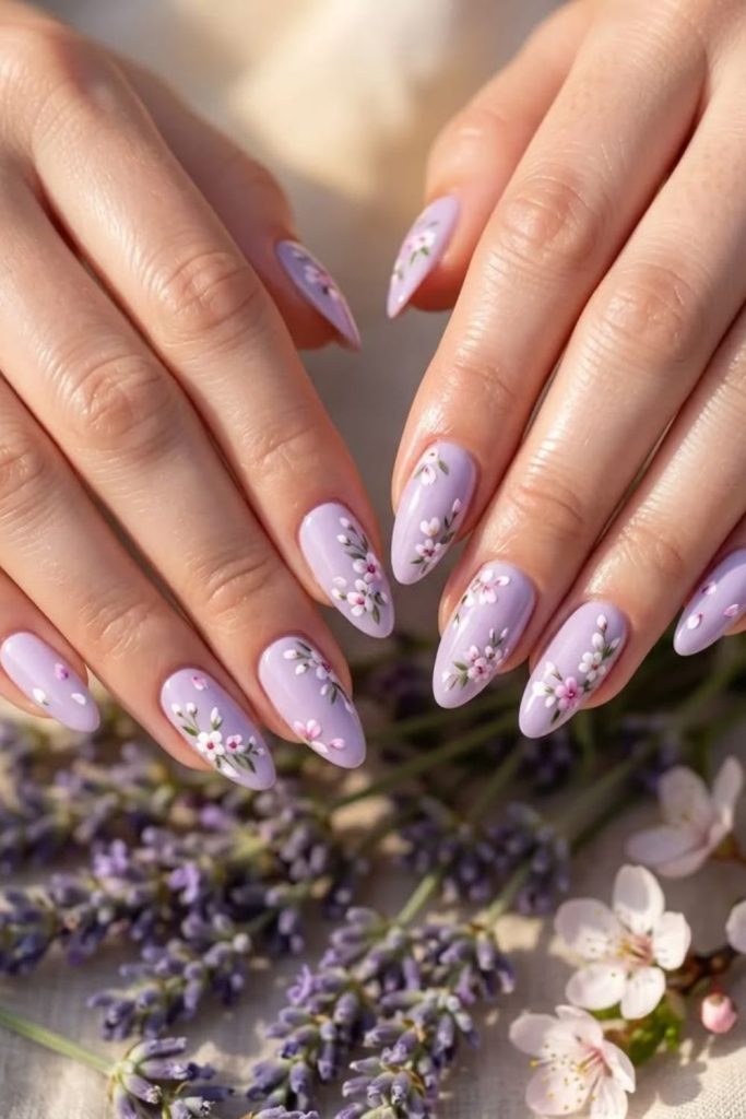 Lavender floral graduation nail art.
