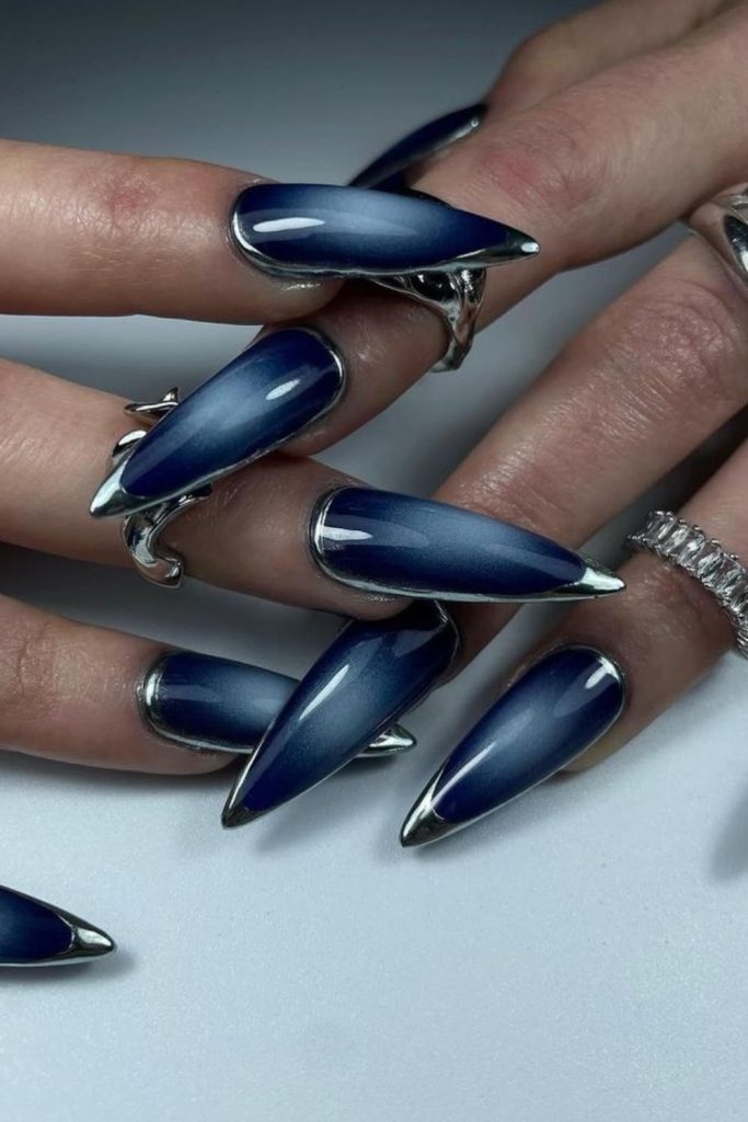 Blue black mist gothic nails design