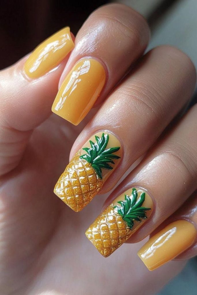 Tropical pineapple themed cute nails.