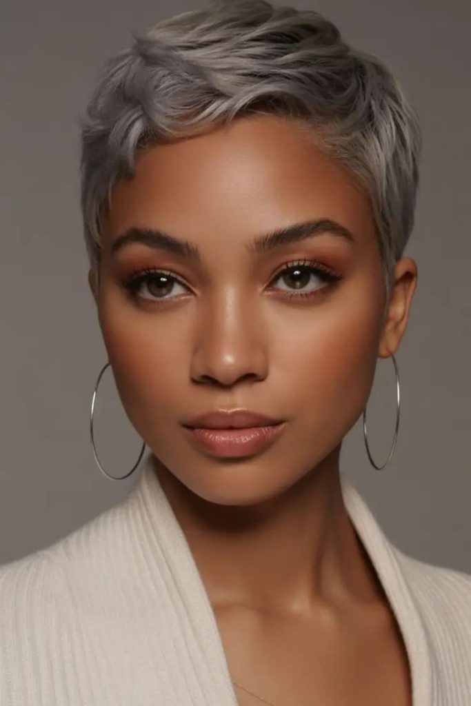 Platinum blonde pixie cut with choppy layers and storm like voluminous texture.